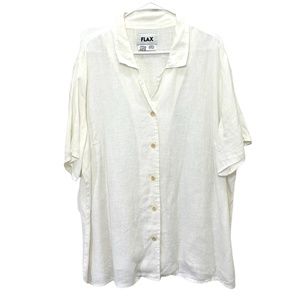 Flax Women's 2G White Button Down Shirt Blouse 100% Linen Short Sleeves